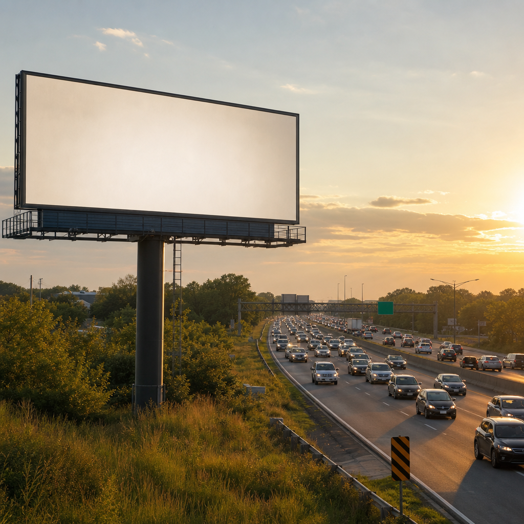 Billboard alongside a busy Long Island highway at golden hour