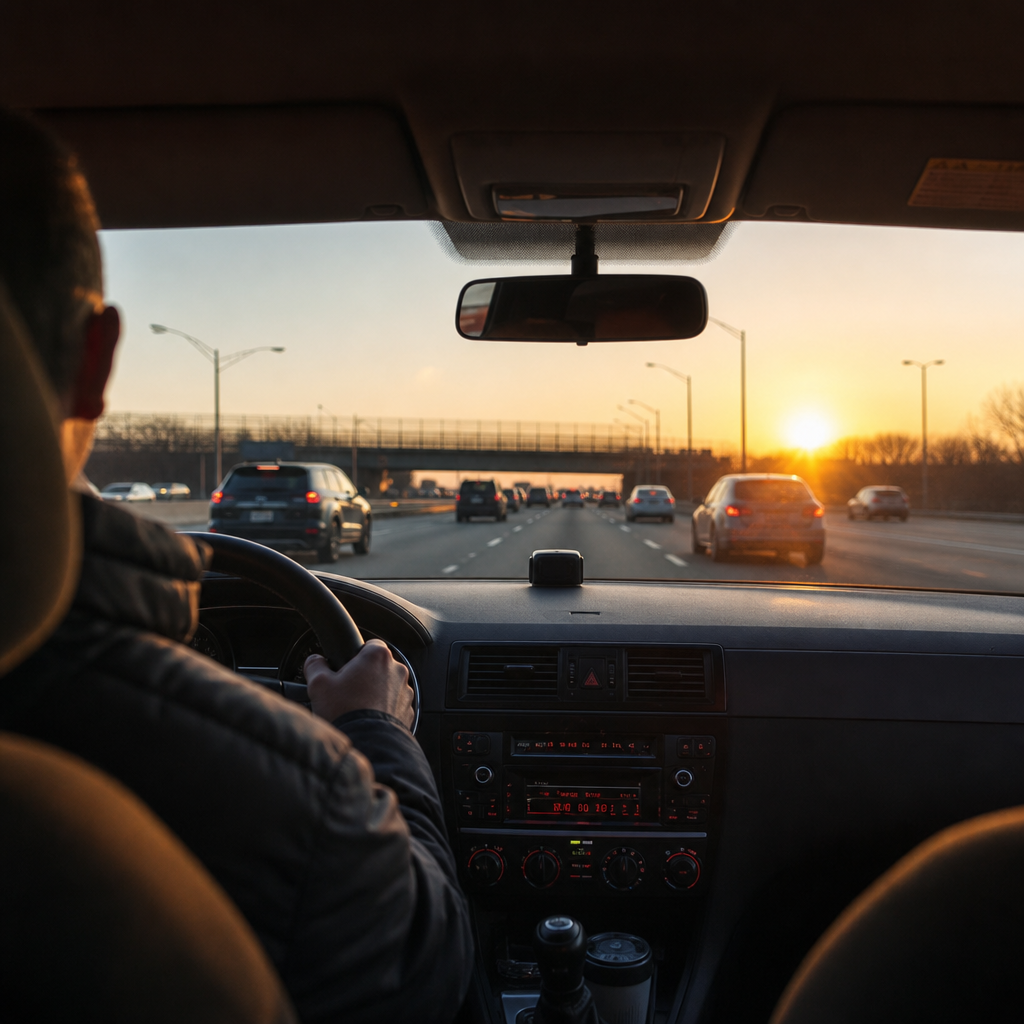 Driver on the Long Island Expressway at sunrise with the car radio on
